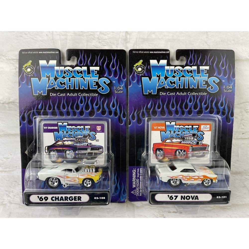 2 Muscle Machines '67 Nova 02-101 & '69 Charger 02-108 White w/ Flames Diecast